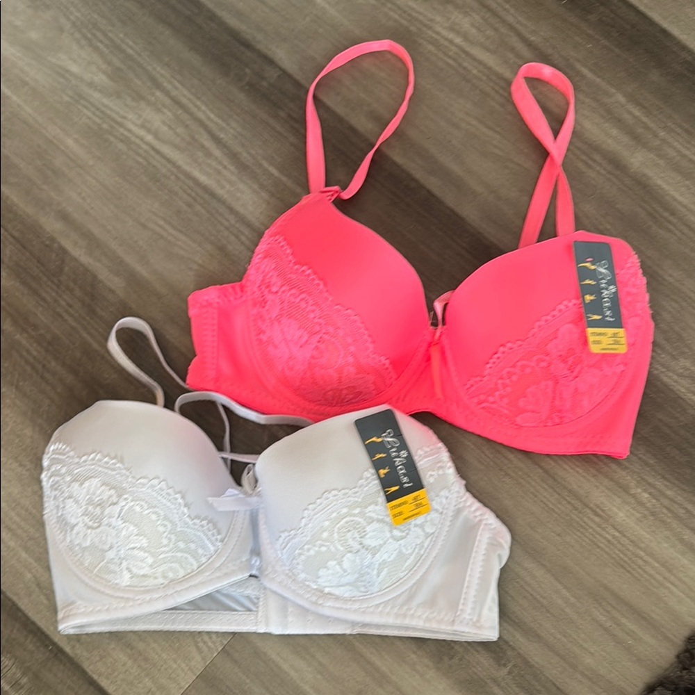 NEW Lukasi bra (2) neon pink white 30A small bust chest women’s lace bundle NWT